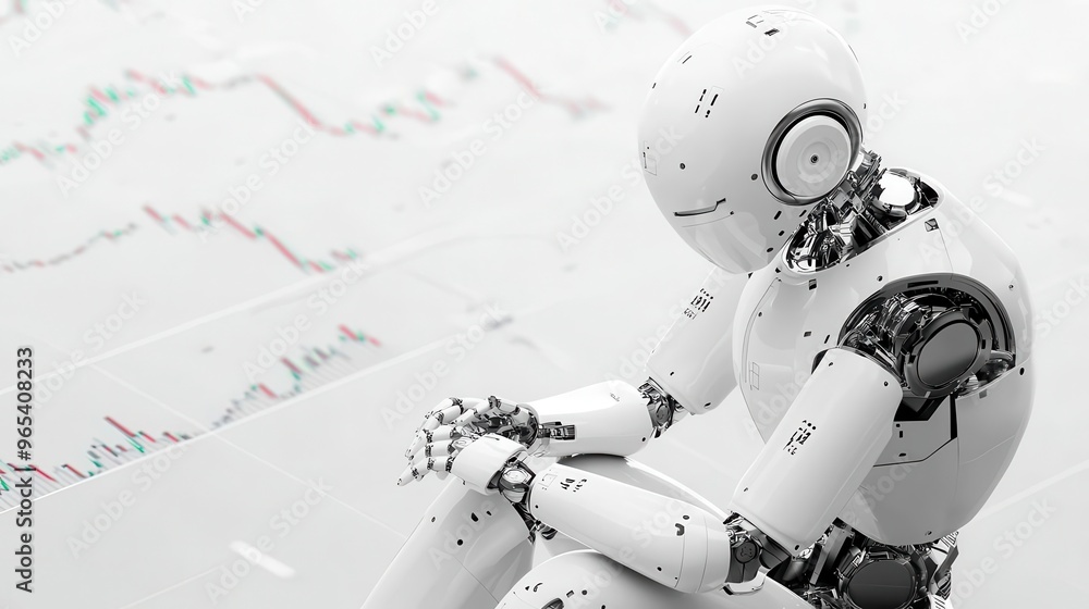 Monochrome robot analyzing a minimalistic stock chart on a clean background, AI trading bot, simple finance technology Monochrome robot analyzing a minimalistic stock chart on a clean background, AI trading bot, simple finance technology
