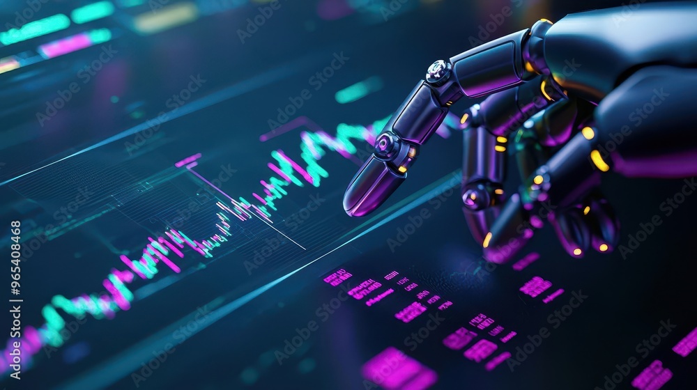 Clean, simple robot arm interacting with a floating trading interface, AI trading automation, minimalist design Clean, simple robot arm interacting with a floating trading interface, AI trading automation, minimalist design