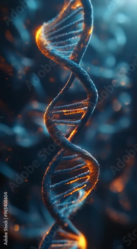 A glowing DNA strand with a blue background. The DNA is lit up with a golden glow. Concept of wonder and fascination with the complexity of life and the beauty of the natural world