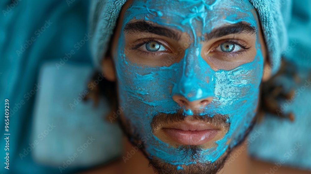 A young man enjoys a revitalizing skincare treatment with a blue face mask while lying back in a serene spa environment adorned in turquoise A young man enjoys a revitalizing skincare treatment with a blue face mask while lying back in a serene spa environment adorned in turquoise