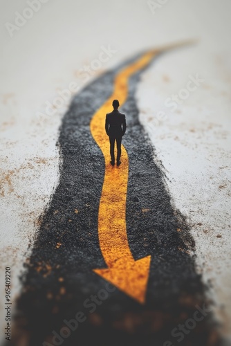 A man stands atop a yellow pointing arrow, observing a curving path filled with arrows that rise as he prepares for his next journey on a light backdrop