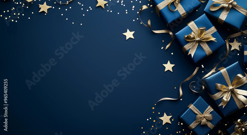 Dark navy blue christmas background with golden decorations stars and gift boxes with golden bows