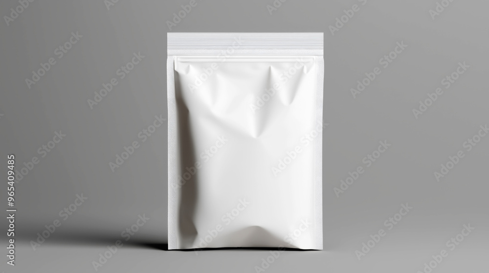 A plain white stand-up pouch with a zip-lock closure on a neutral grey background. Suitable for packaging of food, cosmetics, or other products. A plain white stand-up pouch with a zip-lock closure on a neutral grey background. Suitable for packaging of food, cosmetics, or other products.