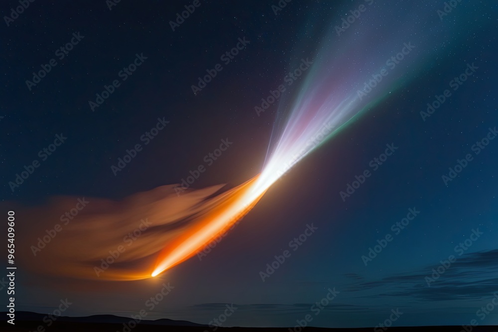 Naklejka premium Stunning Fiery Comet with Glowing Tail Racing Across the Night Sky