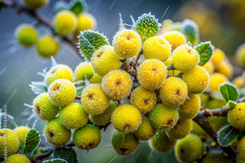 Fuzzy clusters of yellow-green berries adorned with thorns, oozing a viscous sap that glows in the dark, surrounded by a faintly pulsing mist. Fuzzy clusters of yellow-green berries adorned with thorns, oozing a viscous sap that glows in the dark, surrounded by a faintly pulsing mist.