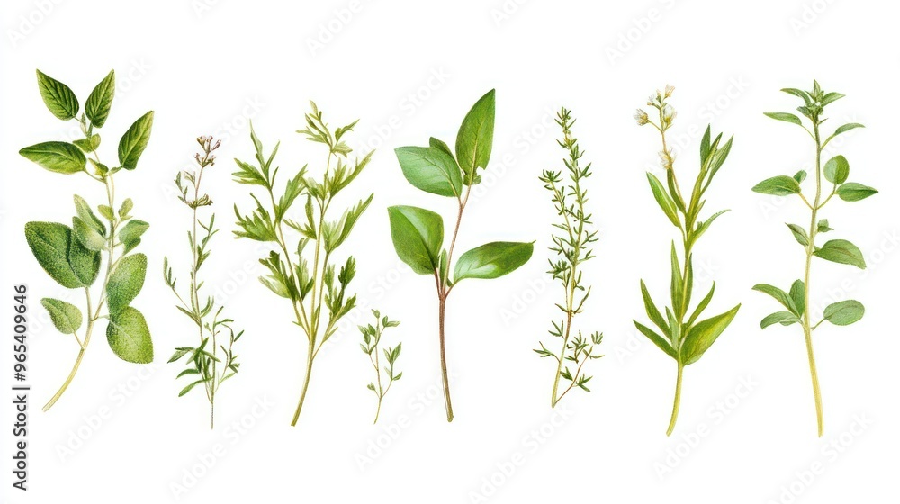 Watercolor Illustration of Various Green Herbs and Flowers Watercolor Illustration of Various Green Herbs and Flowers