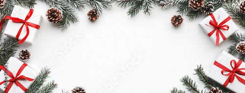 White elegant christmas background with gift boxes  with red bows and christmas fir branches around