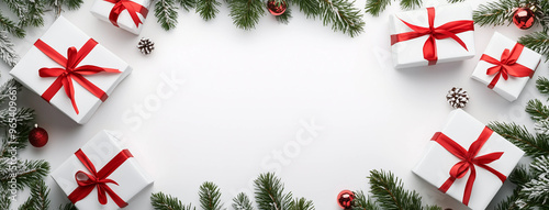 White elegant christmas background with gift boxes  with red bows and christmas fir branches around