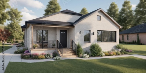 Modern single-story house with 3D rendering, gray exterior, blac photo