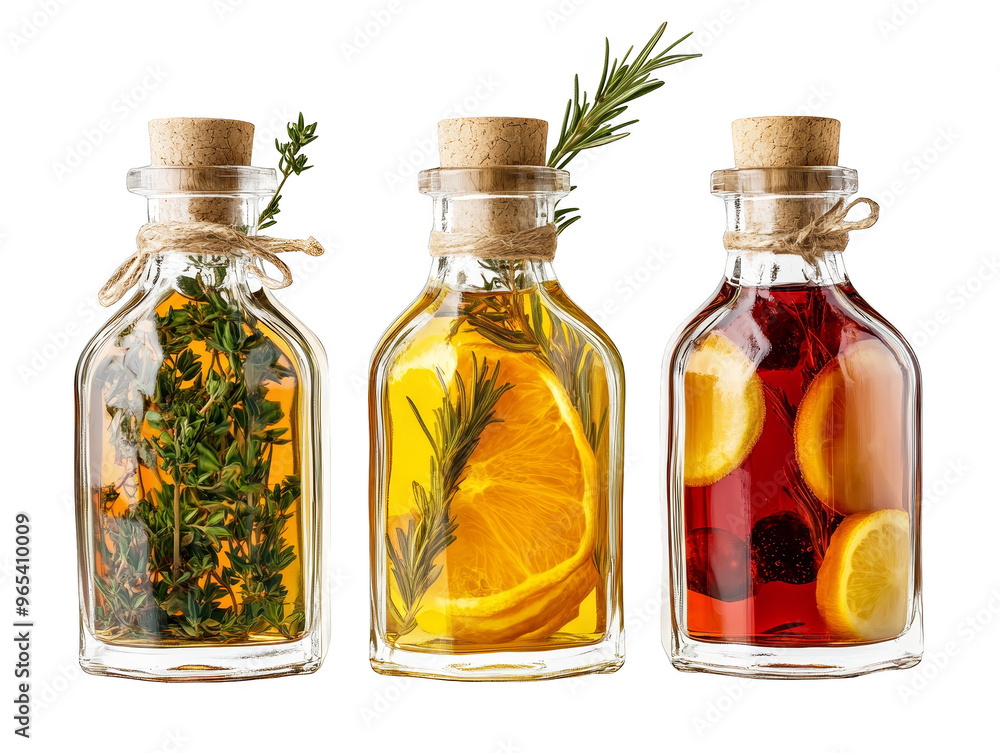 Three Glass Bottles with Infused Flavors Three Glass Bottles with Infused Flavors