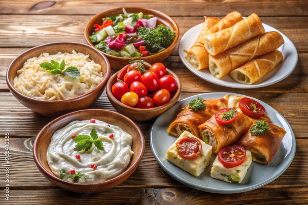 A plate of traditional Bulgarian dishes includes banitsa, shopska salad, kyopolou, and tarator, a satisfying and flavorful combination of flavors and textures. A plate of traditional Bulgarian dishes includes banitsa, shopska salad, kyopolou, and tarator, a satisfying and flavorful combination of flavors and textures.