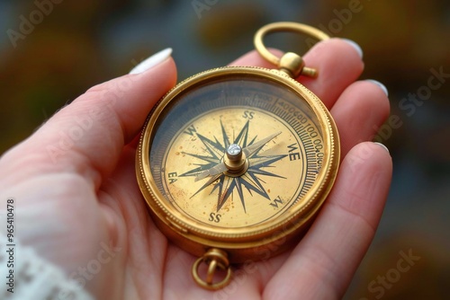 close-up photo of a female hand holding a golden compass, symbolizing navigation and exploration in business and maritime settings.