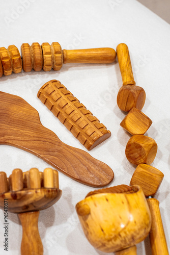 Detailed display of wooden massage therapy implements