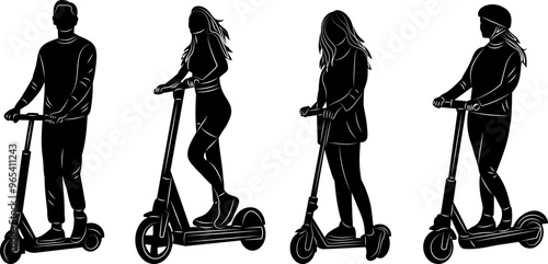 silhouette people riding scooters vector