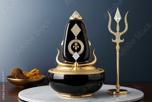 Stylish Black Shiva Lingam with Diamond Trident in Contemporary Indian Culture Design photo