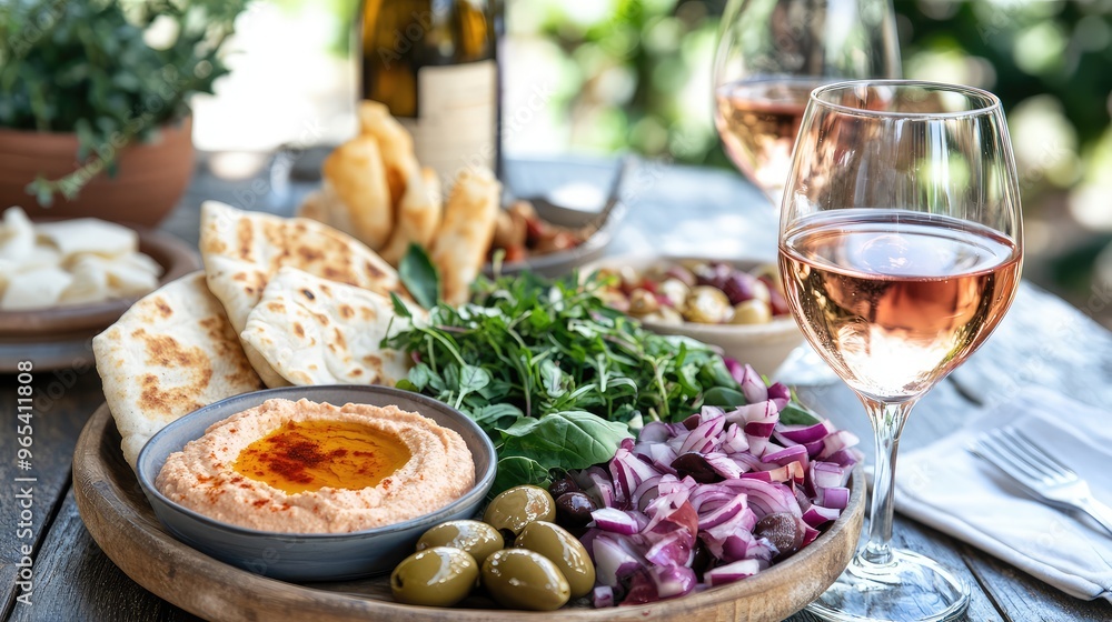 A vibrant Mediterranean platter with olives, hummus, and pita bread, paired with a glass of crisp wine A vibrant Mediterranean platter with olives, hummus, and pita bread, paired with a glass of crisp wine