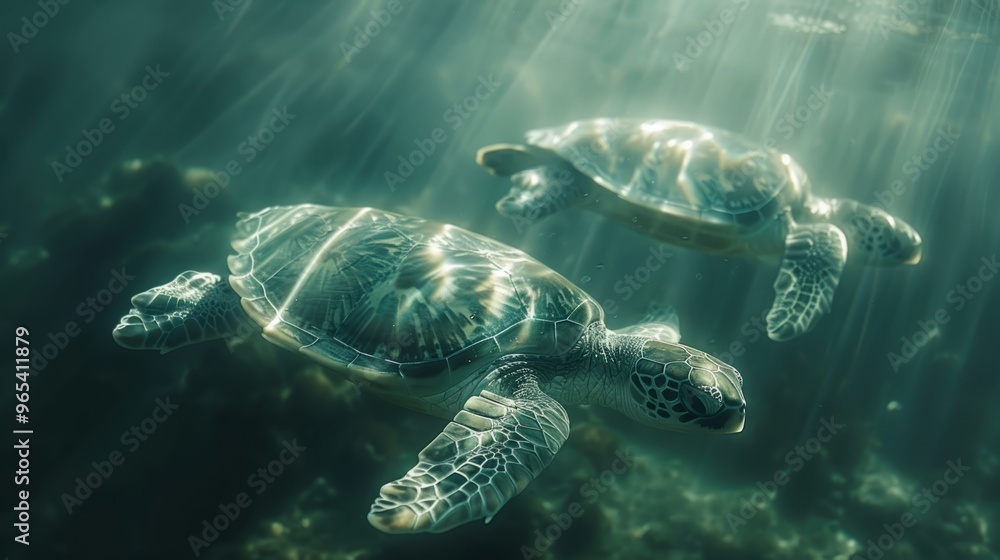 Obraz premium Two sea turtles glide effortlessly through clear, sunlit waters, surrounded by a rich underwater world during a peaceful afternoon