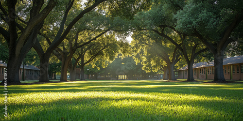 A middle school yard with a dense row of large oak trees