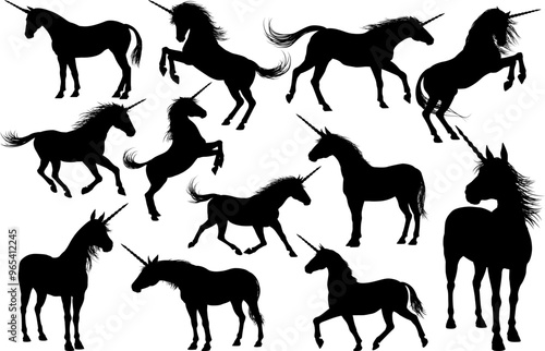 A unicorn silhouette mythological magical horse with horn animal set