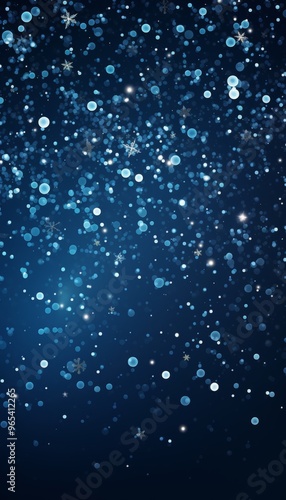 Blue Christmas Background With Icy Snowflakes And Sparkle Bokeh Lights. Vertical Holiday Wallpaper.