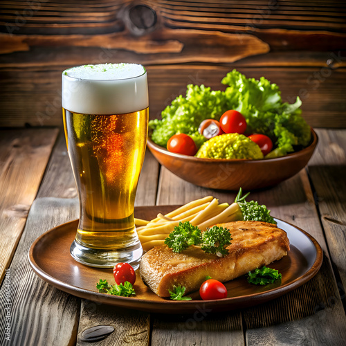 Peruvian food and beer served at a restaurant's table with customers.