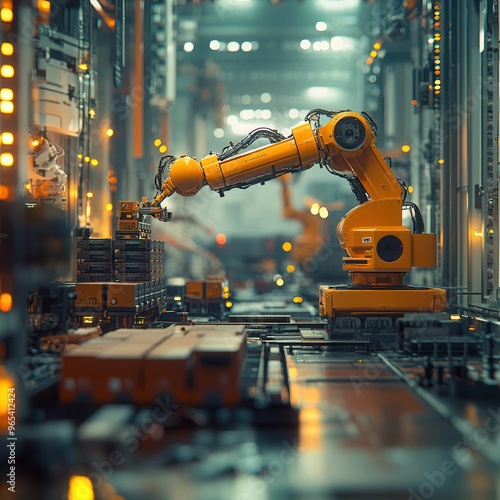 A futuristic industrial scene featuring a robotic arm working in a high-tech warehouse, showcasing automation and advanced technology.