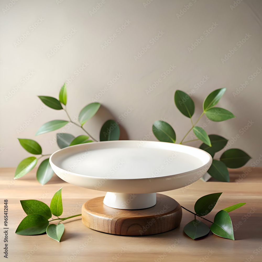 A round stand with a round plate and leaves on it A round stand with a round plate and leaves on it