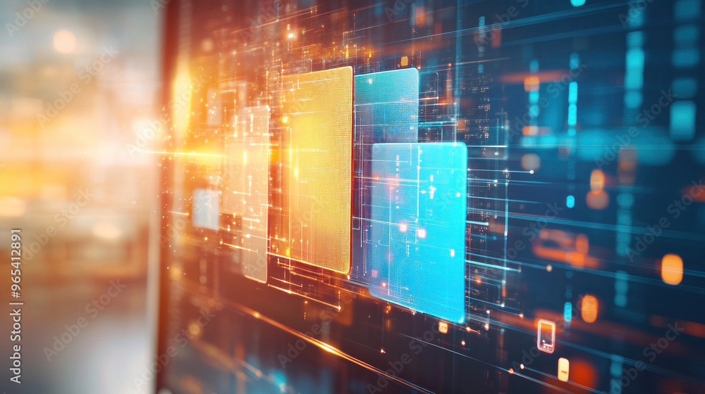 A computer screen shows a colorful, abstract design with a yellow square in the middle. The design is made up of various shapes and colors, and it is a representation of a complex system or network A computer screen shows a colorful, abstract design with a yellow square in the middle. The design is made up of various shapes and colors, and it is a representation of a complex system or network