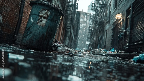 Urban alley filled with litter and debris during a rainy day