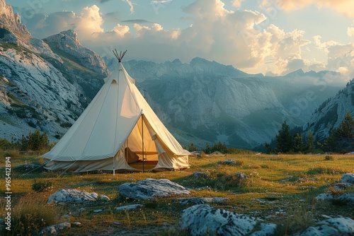 A cozy tent set against a stunning mountain backdrop at sunset in a serene natural landscape