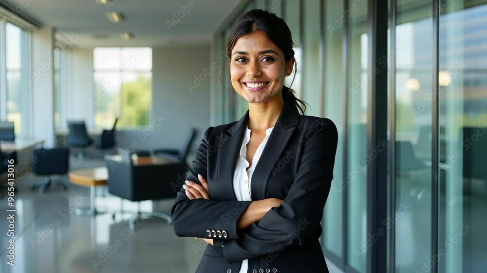 Business professional Indian woman in modern office environment sharing confidence and positivity during work hours Business professional Indian woman in modern office environment sharing confidence and positivity during work hours
