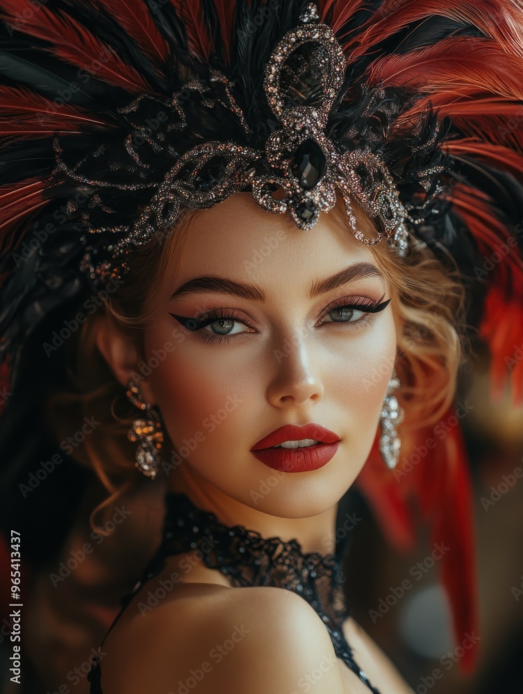 close-up portrait of a glamorous western showgirl, intricate feathered headdress, classic saloon background, bold makeup, retro lighting, cinematic style close-up portrait of a glamorous western showgirl, intricate feathered headdress, classic saloon background, bold makeup, retro lighting, cinematic style