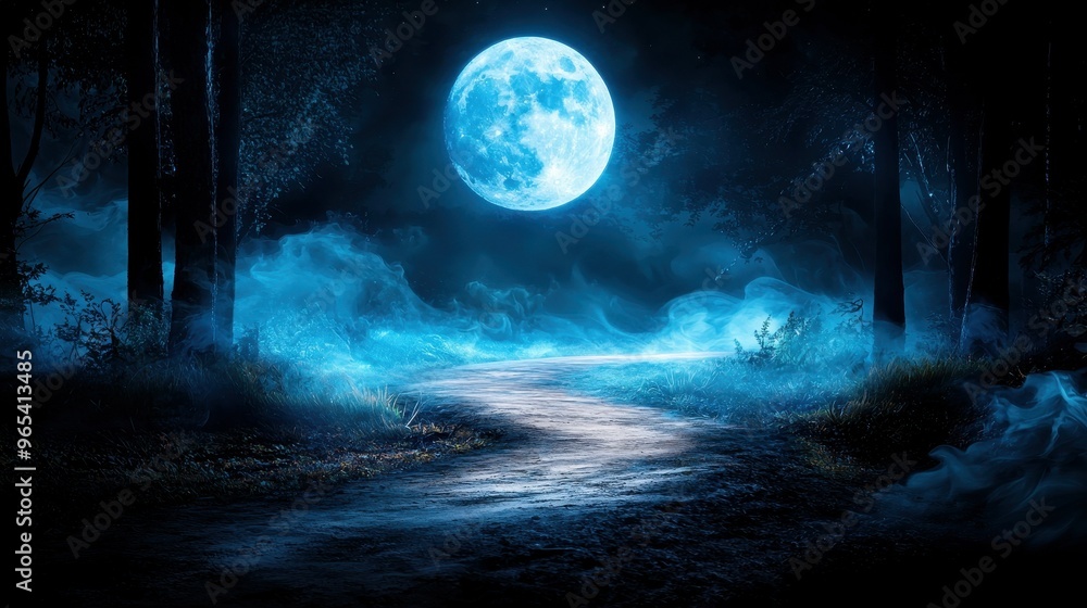 A mystical moonlit pathway surrounded by fog and trees at night. A mystical moonlit pathway surrounded by fog and trees at night.