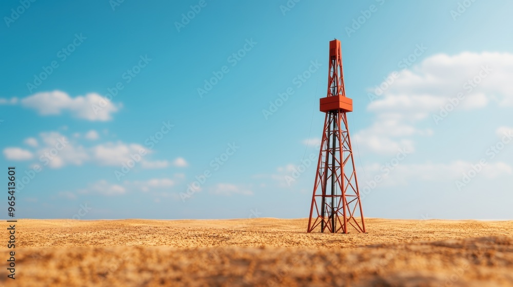 Fototapeta premium Data-Driven Optimization of Oil Derrick in Desert Landscape - with Copy Space, Selective Focus,