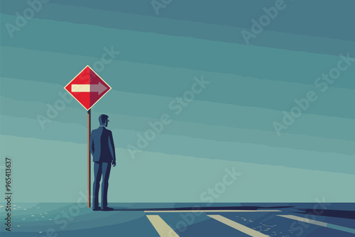 Businessman at Crossroads Facing Dead End Sign, Contemplating Wrong Decisions and Management Errors