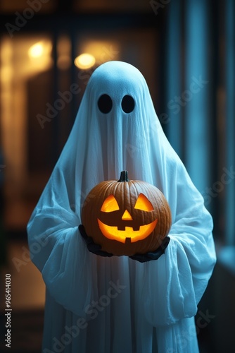 Dressed as a ghost, an individual proudly displays a carved pumpkin with a spooky face, ready to celebrate Halloween in a dimly lit setting photo