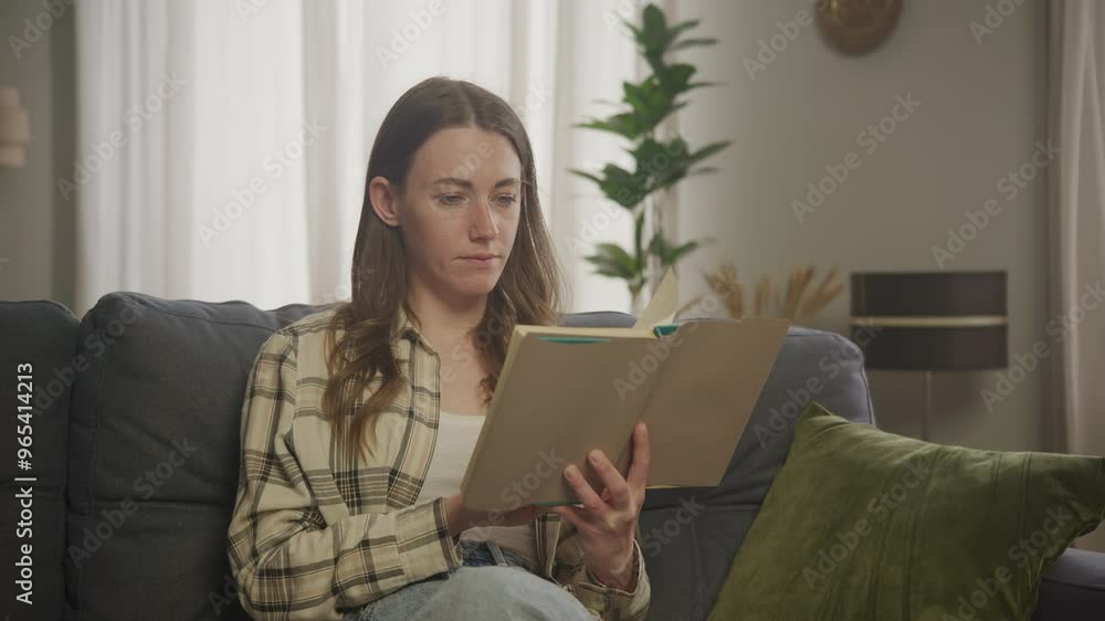 Woman Enjoying Reading Book in the Living Room Woman Enjoying Reading Book in the Living Room
