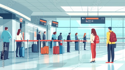 A group of people are waiting in line at an airport