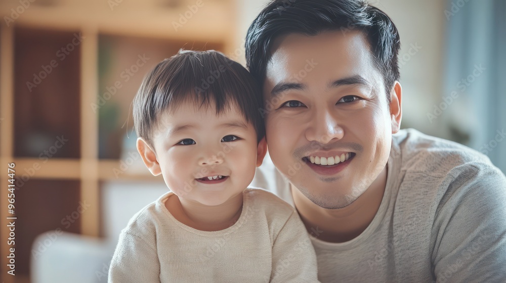 Portrait of Asian child and father happily looking at camera in warm home. Portrait of Asian child and father happily looking at camera in warm home.