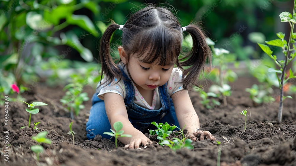 76. Little girl with pigtails planting vegetable seeds in a home garden, surrounded by green plants and soil, with a sunny backdrop 76. Little girl with pigtails planting vegetable seeds in a home garden, surrounded by green plants and soil, with a sunny backdrop