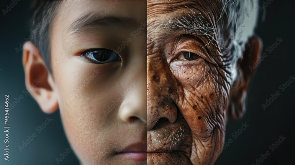 The face is divided into two halves - half of an Asian boy and half of an old Asian man. Distinguishing childhood and old age, aging, maturation, longevity, lifespan, aging, gerontology. The face is divided into two halves - half of an Asian boy and half of an old Asian man. Distinguishing childhood and old age, aging, maturation, longevity, lifespan, aging, gerontology.
