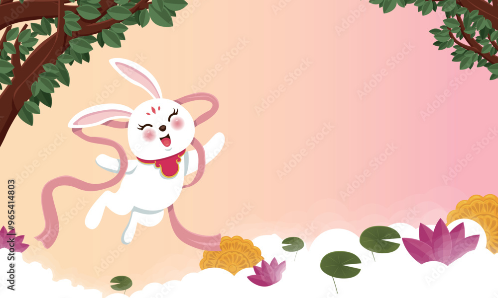 Naklejka premium Joyful Mid-Autumn Bunny with Lotus and Mooncake