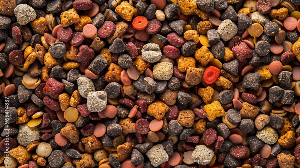 81. Top view of dry cat and dog food granules, showcasing various shapes and colors, creating a textured and patterned background 81. Top view of dry cat and dog food granules, showcasing various shapes and colors, creating a textured and patterned background