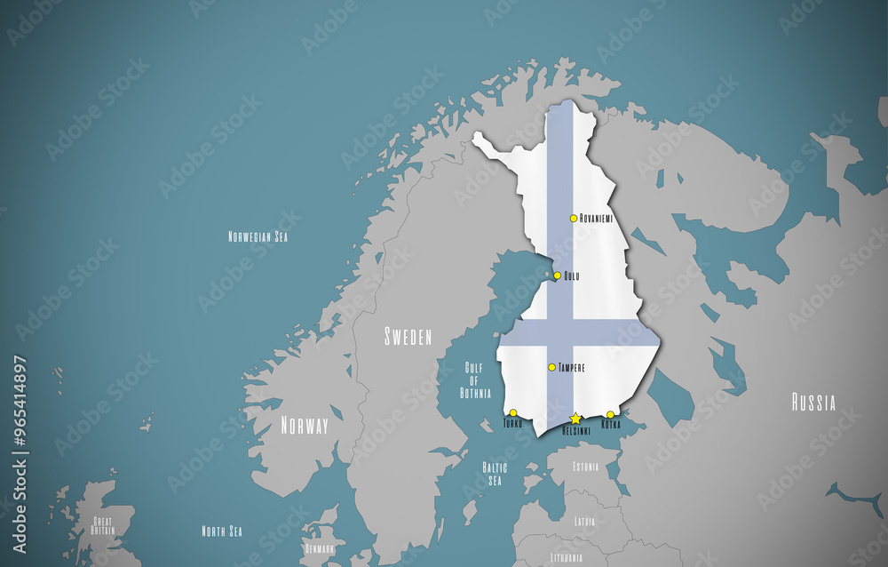 Map of Finland in the colors of national flag. Major cities are marked.