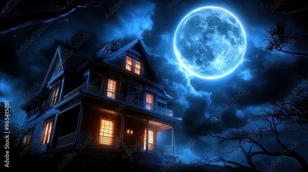 Spooky old house illuminated by the full moon in a dark, eerie atmosphere. Spooky old house illuminated by the full moon in a dark, eerie atmosphere.