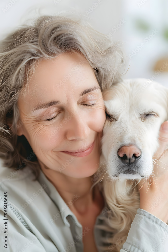A heartwarming scene of a happy senior woman and her beloved dog in their home, togetherness and joy. Love, relaxation, and the tender bond of companionship, bringing peace and contentment. A heartwarming scene of a happy senior woman and her beloved dog in their home, togetherness and joy. Love, relaxation, and the tender bond of companionship, bringing peace and contentment.