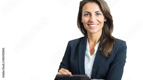 Attractive businesswoman using a digital tablet on transparent background PNG.