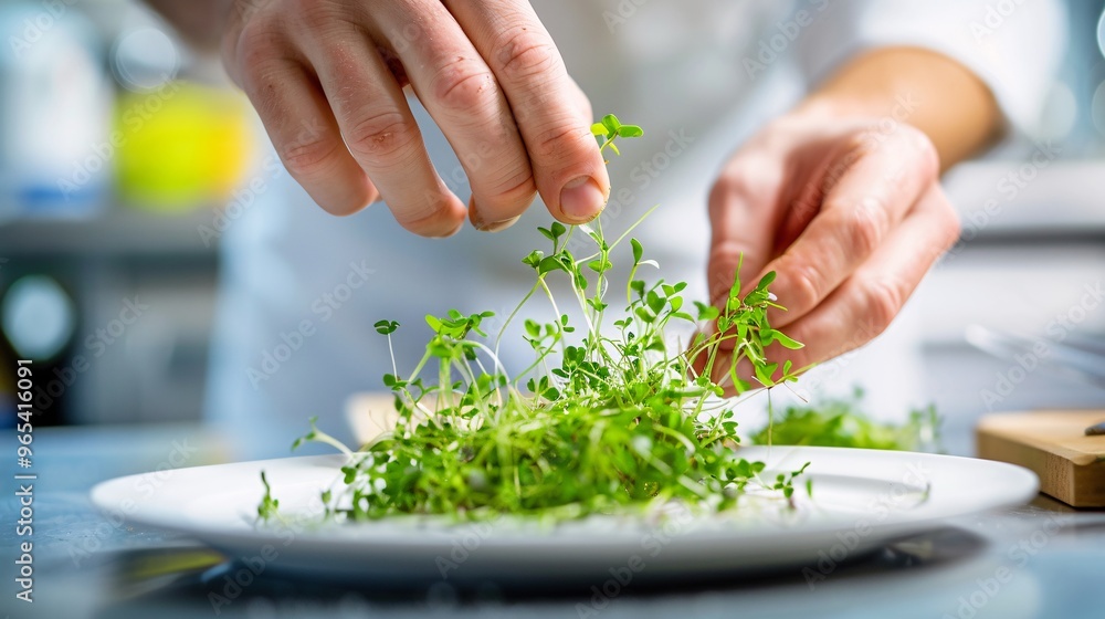 103. Hands delicately placing microgreens on a gourmet dish, highlighting the precision and elegance of fine dining in a commercial kitchen 103. Hands delicately placing microgreens on a gourmet dish, highlighting the precision and elegance of fine dining in a commercial kitchen