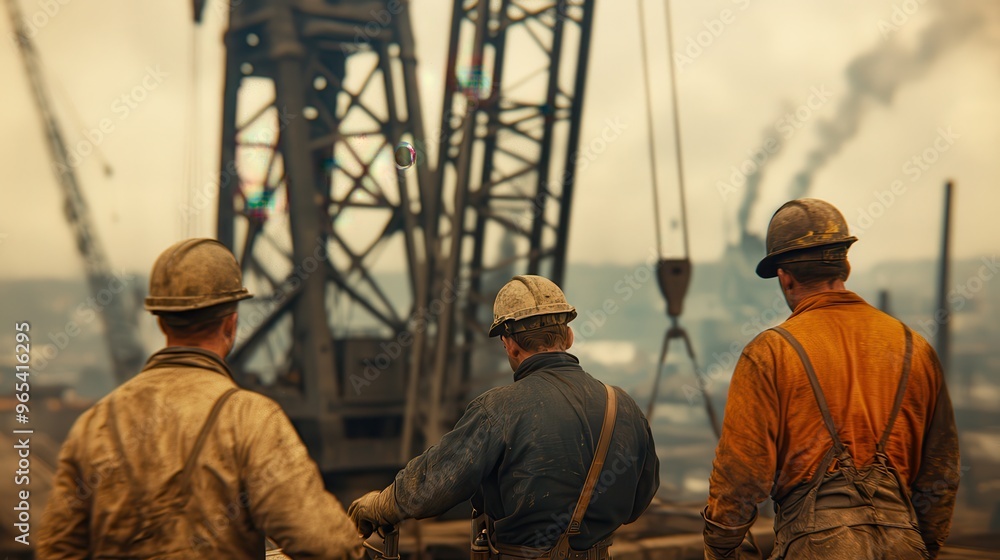 Three men are standing on a construction site, wearing hard hats Three men are standing on a construction site, wearing hard hats