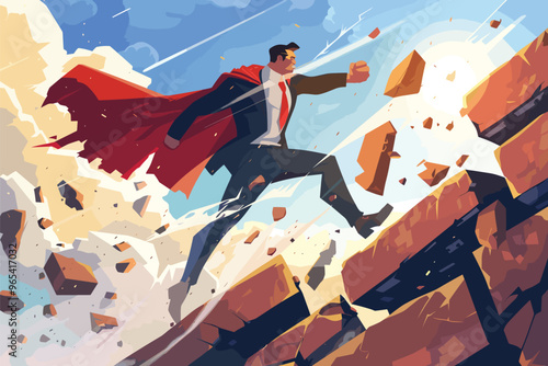 Businessman Superhero Smashing Through Brick Wall Barrier to Success